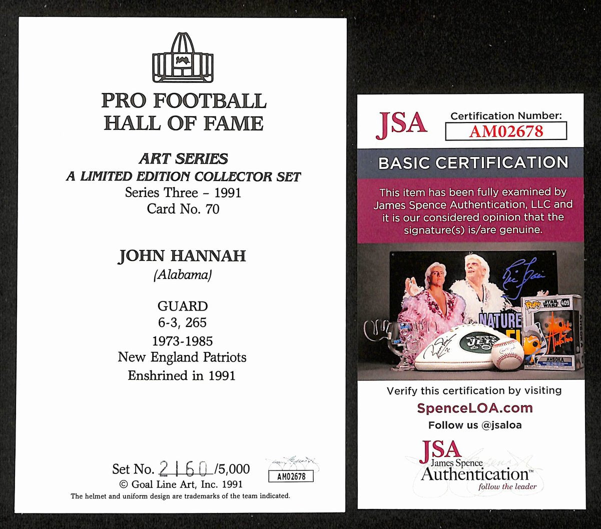 John Hannah Signed/Insc 1991 GLAC/Goal Line Art Postcard Patriots JSA 200285