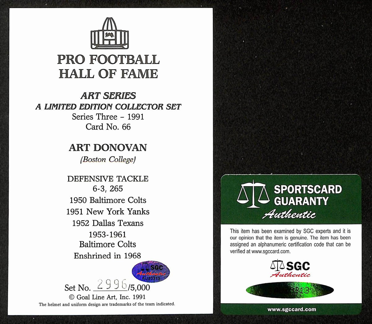 Art Donovan Signed/Auto 1991 GLAC/Goal Line Art Postcard Colts SGC 200290