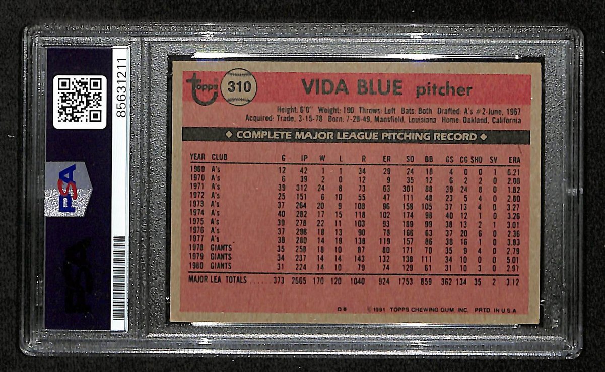 Vida Blue Signed/Autographed 1981 TOPPS Card #310 Giants PSA/DNA 200441