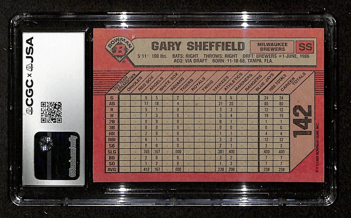 Gary Sheffield Signed/Auto 1989 Bowman Card #142 Brewers CGC/JSA MINT 9 199128
