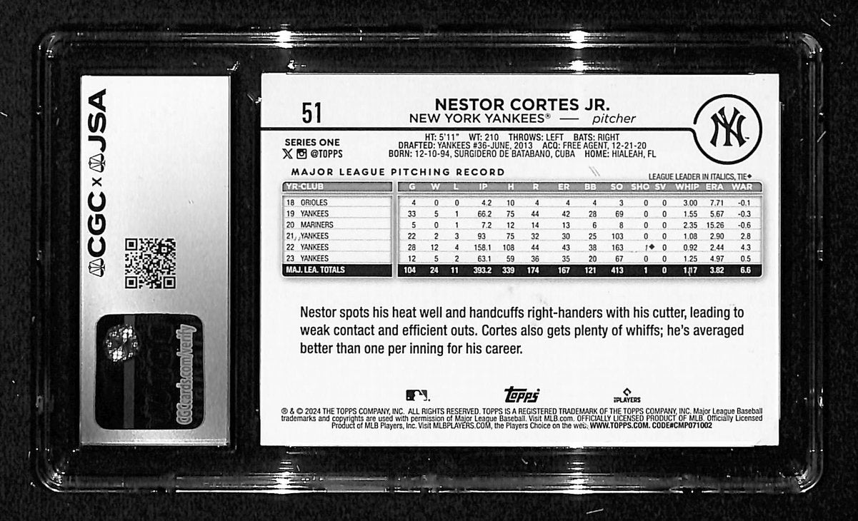 Nestor Cortes Jr. Signed/Auto 2024 TOPPS Card #51 Yankees CGC/JSA 199094