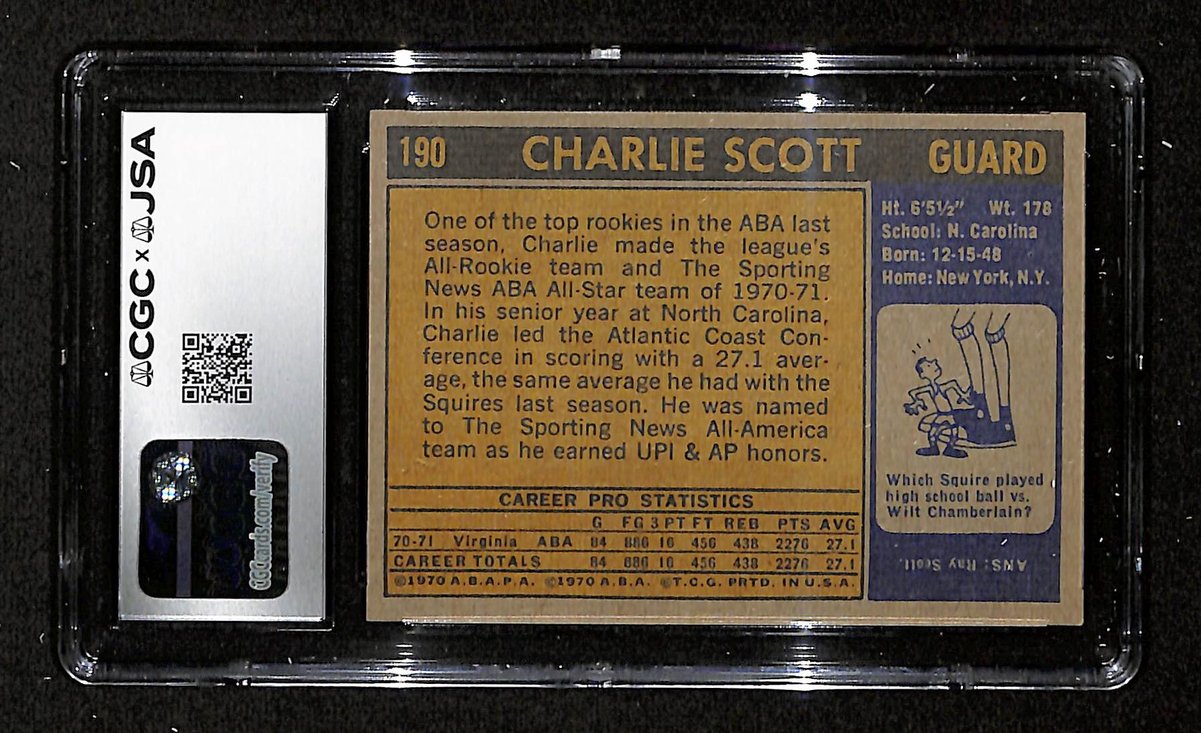 Charlie Scott HOF Signed/Auto 1971-72 TOPPS Card #190 Squires CGC/JSA 199100