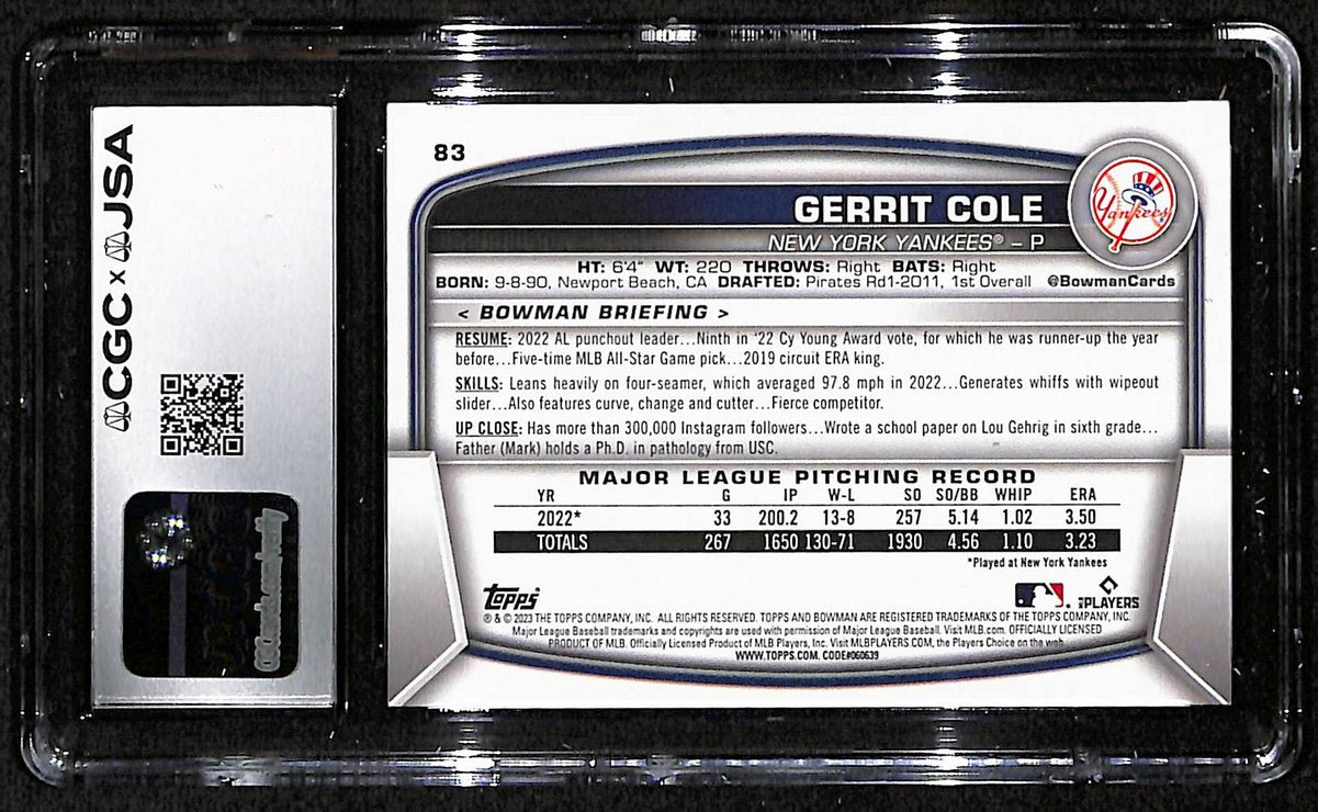 Gerrit Cole Signed/Autographed 2023 Bowman Card #83 Yankees CGC/JSA 200859