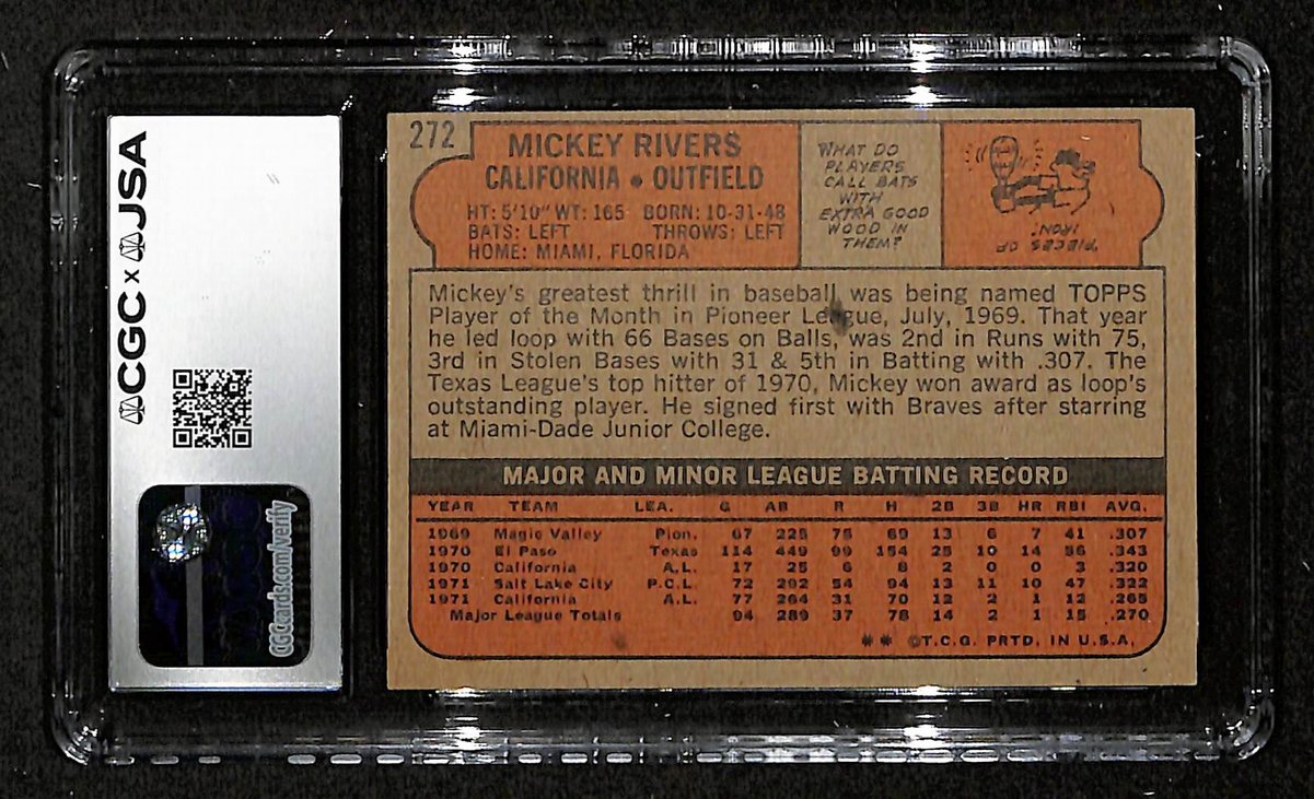 Mickey Rivers Signed/Inscr 1972 TOPPS Card #272 Angels CGC/JSA 200536
