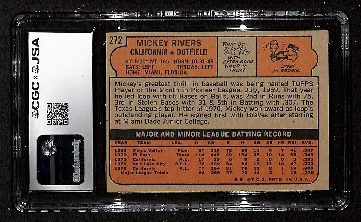 Mickey Rivers Signed/Inscr 1972 TOPPS Card #272 Angels CGC/JSA 200537