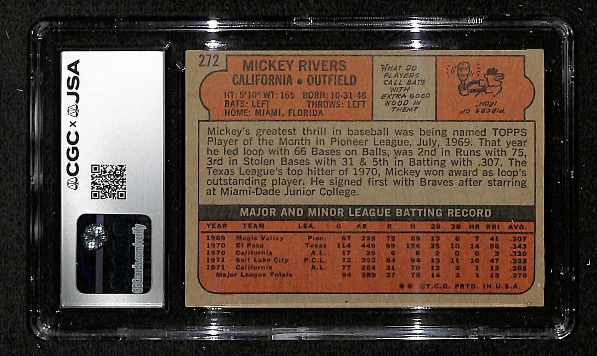 Mickey Rivers Signed/Inscr 1972 TOPPS Card #272 Angels CGC/JSA 200538