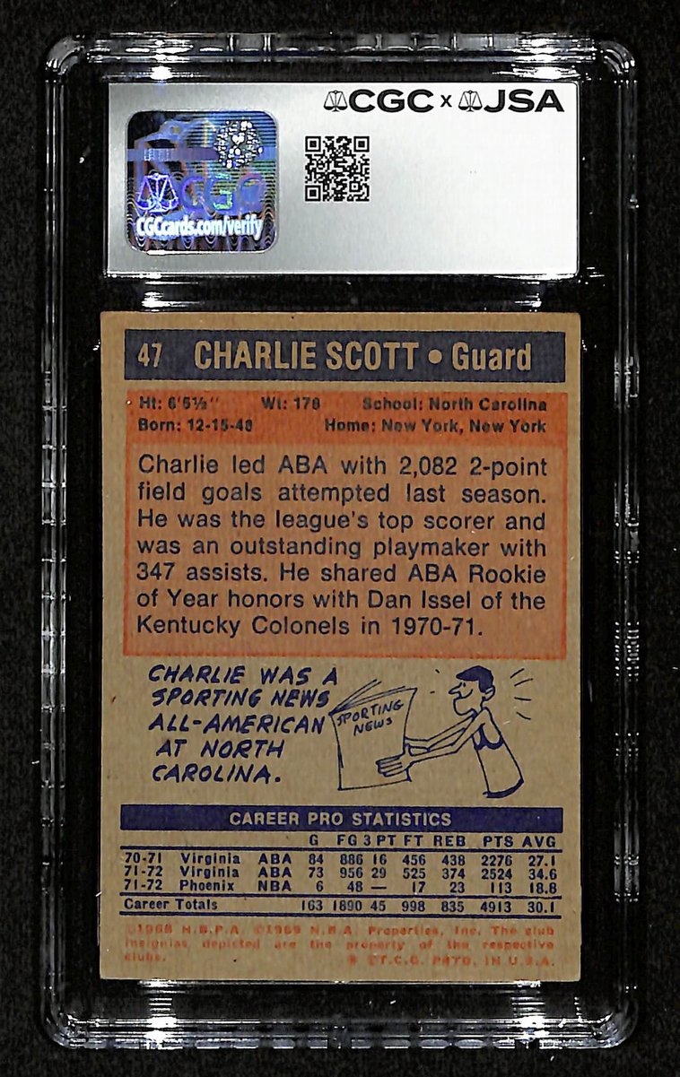 Charlie Scott HOF Signed/Inscr 1972-73 TOPPS Card #47 Suns CGC/JSA 200552