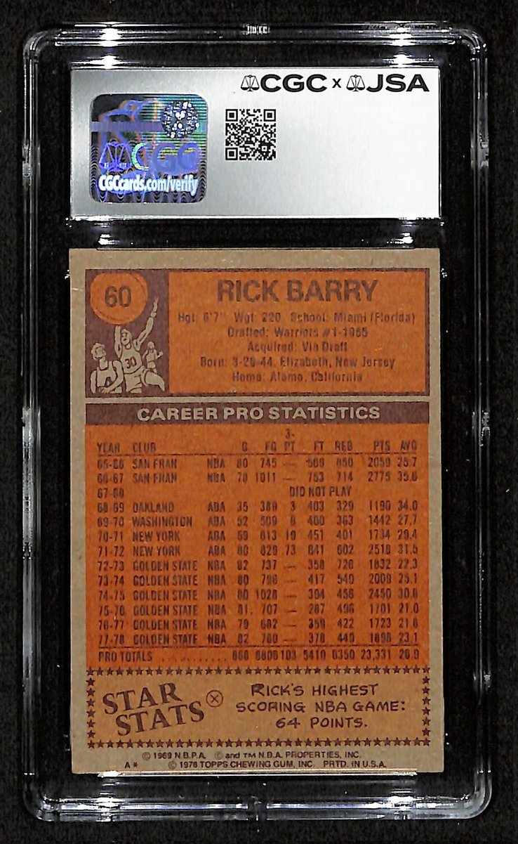 Rick Barry HOF Signed/Auto 1978-79 TOPPS Card #60 Warriors CGC/JSA 200562