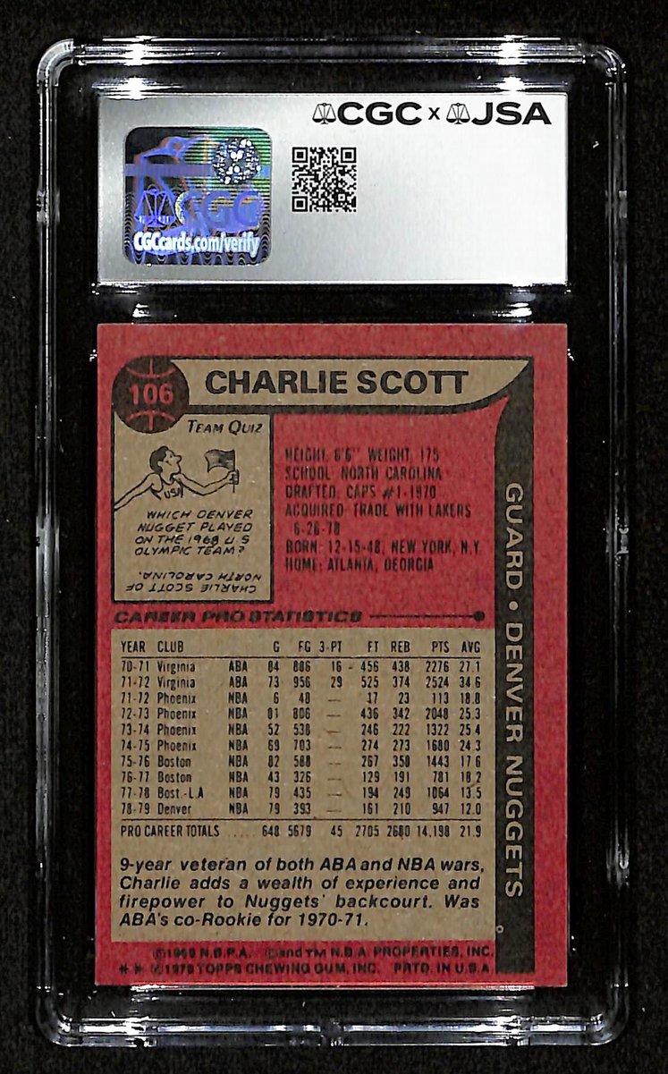 Charlie Scott HOF Signed/Inscr 1979-80 TOPPS Card #106 Nuggets CGC/JSA 200569