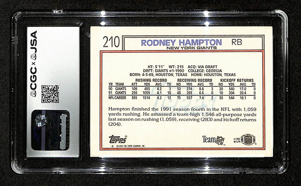 Rodney Hampton Signed/Auto 1992 TOPPS Card #210 Giants CGC/JSA 200570