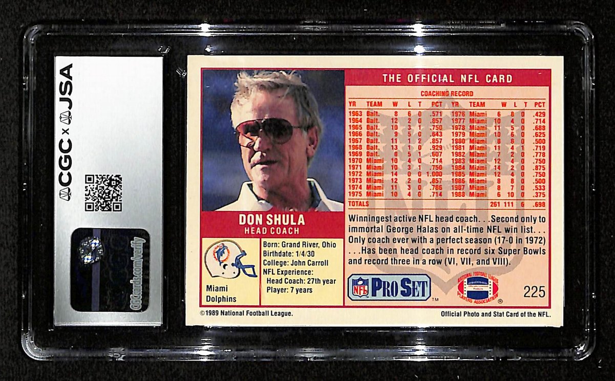 Don Shula HOF Signed/Auto 1989 Pro Set Card #225 Dolphins CGC/JSA 200574
