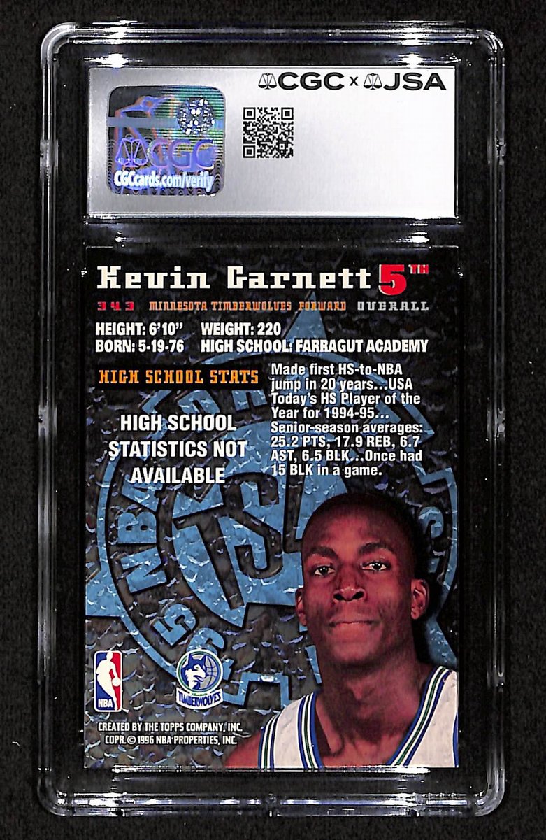 Kevin Garnett HOF Signed 1995-96 Stadium Club RC Card #343 Timberwolves JSA