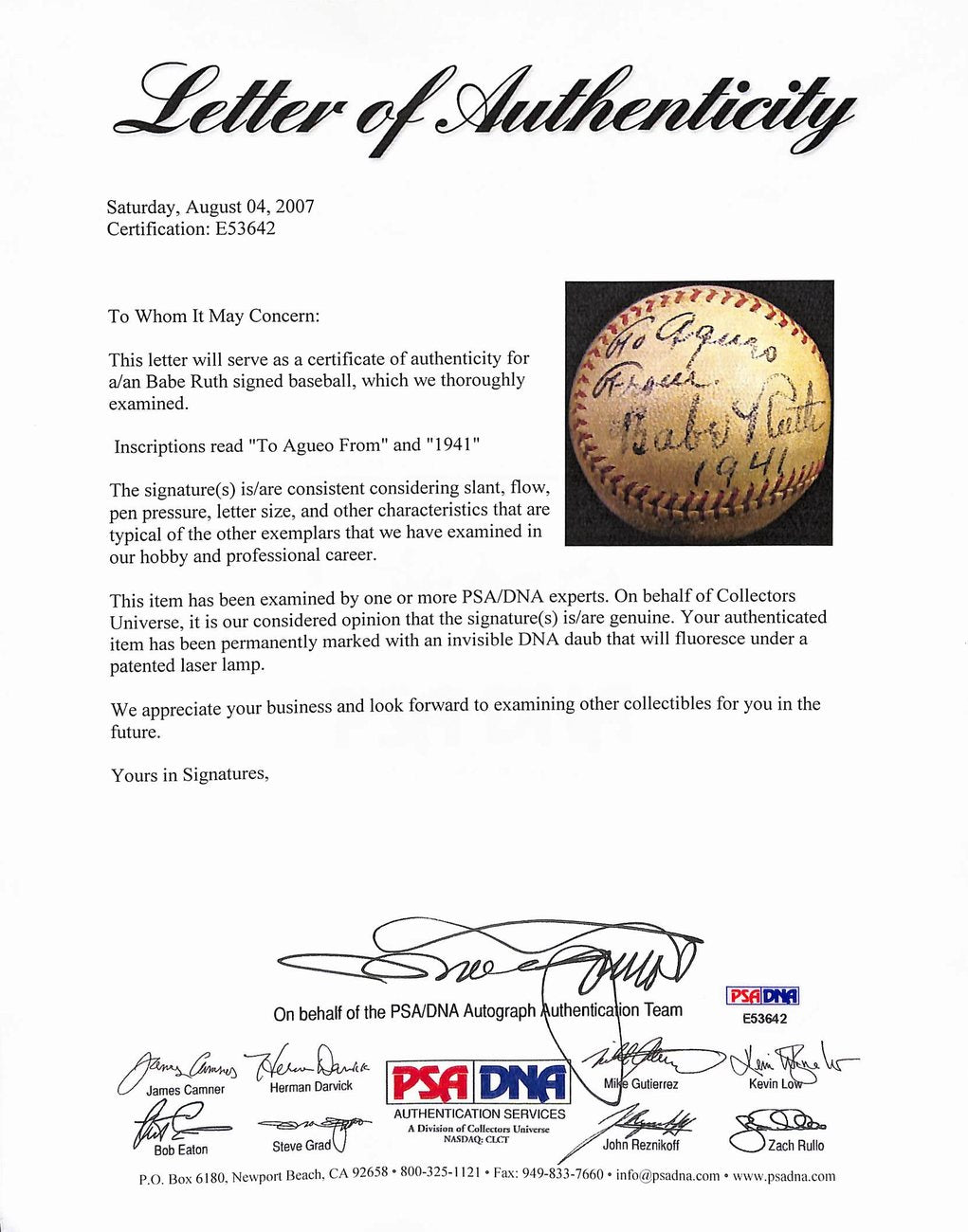 Babe Ruth Signed/Inscribed 1941 OAL Baseball w/Pictures Yankees PSA/DNA 200207