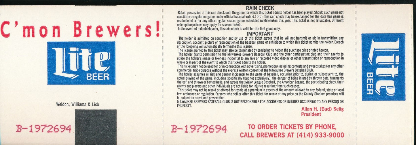 September 9, 1992 Full Ticket Braves vs. Indians Robin Yount 3000th Hit 200911