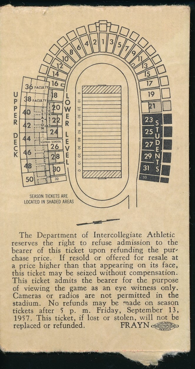 October 26, 1957 Ticket Stub Washington vs. O.S.C. College Football 200917