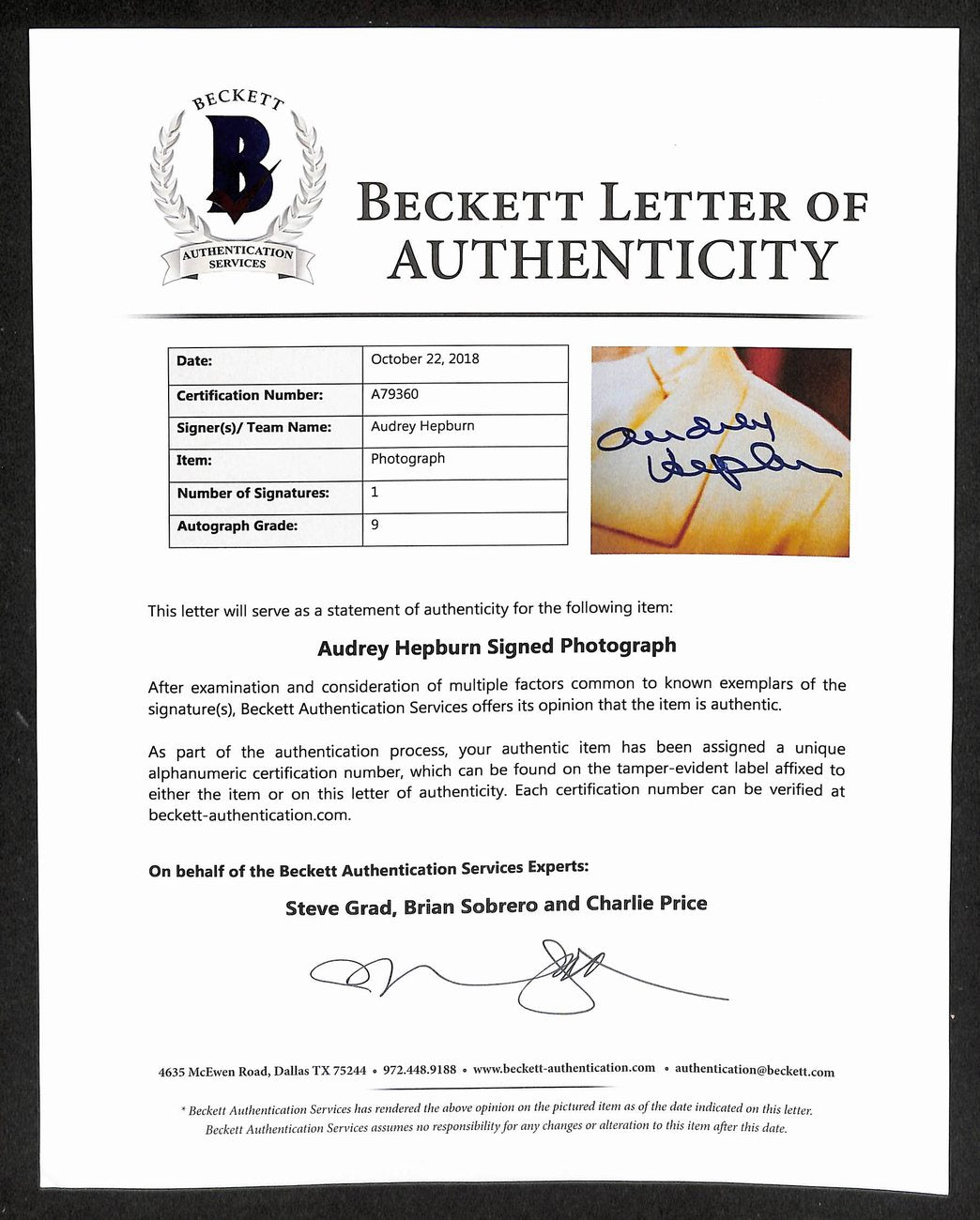 Audrey Hepburn Signed/Autographed 8x10 Photo PSA/DNA/Beckett 200223