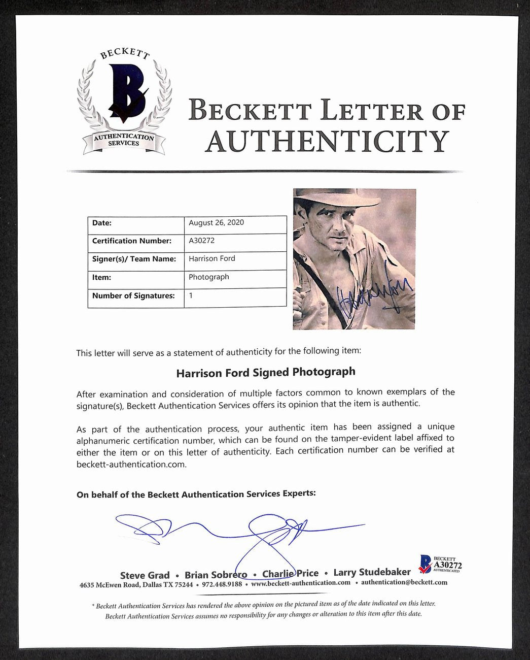 Harrison Ford Signed/Auto 8x10 B/W Photo "Indiana Jones" PSA/DNA/Beckett 200225