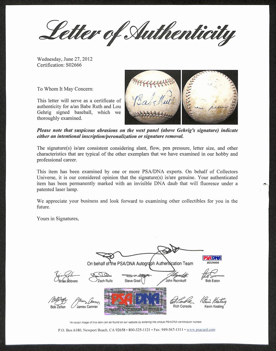 Babe Ruth/Lou Gehrig Dual-Signed/Autographed Baseball Yankees PSA/DNA 201298