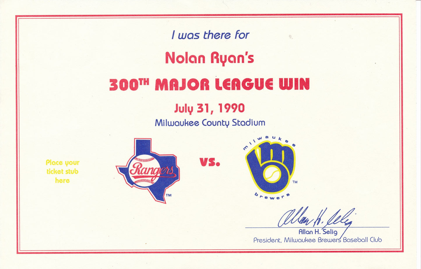 July 31, 1990 Full Ticket Brewers vs. Rangers Nolan Ryan 300th Win 201572