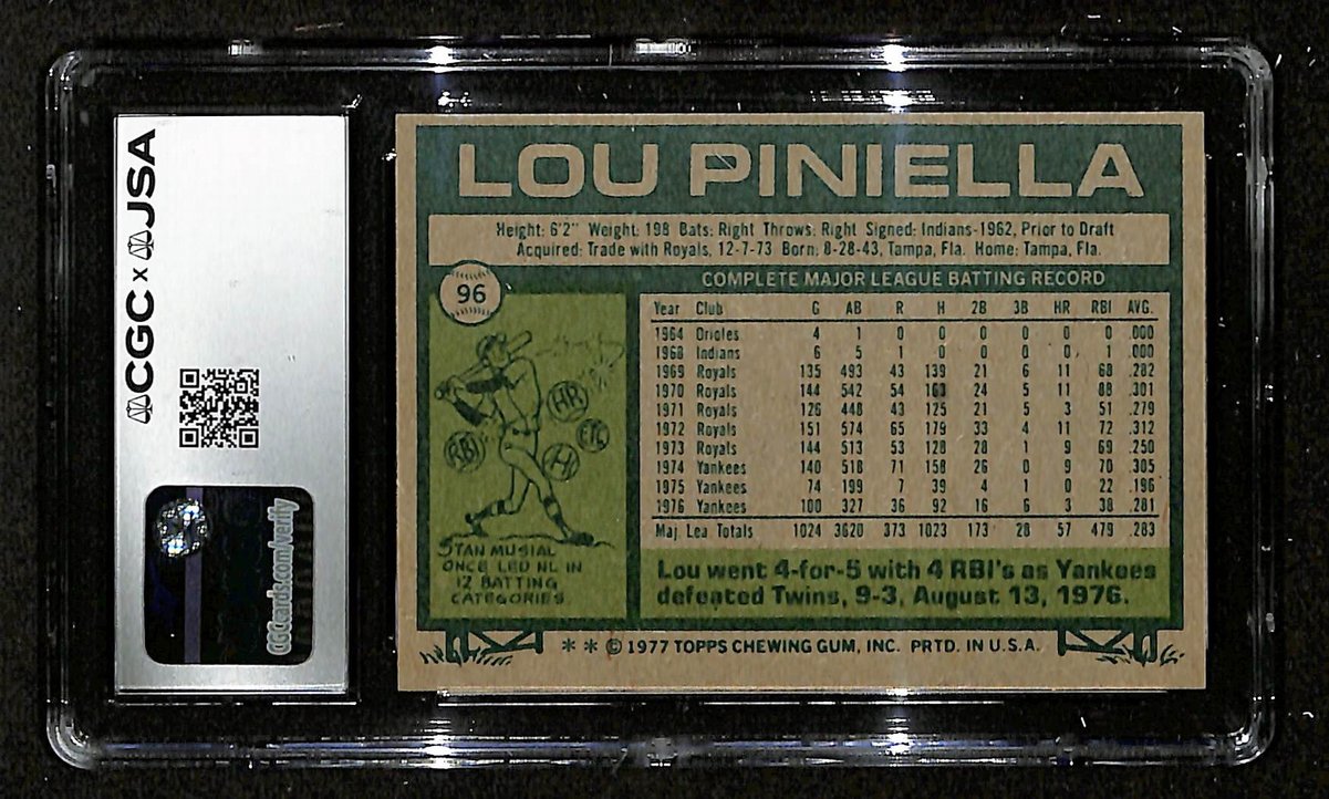Lou Piniella Signed 1977 TOPPS Card #96 Yankees CGC/JSA GEM MINT 10 200698