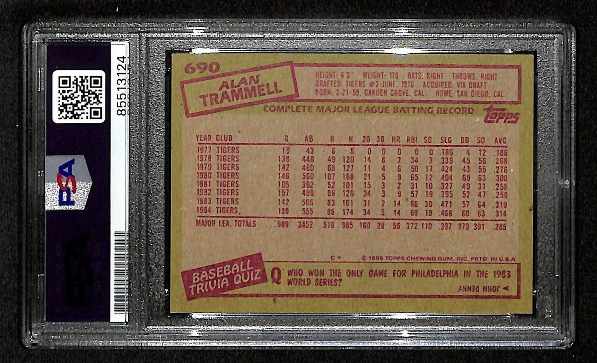 Alan Trammell HOF Signed/Autographed 1985 Topps #690 Tigers PSA/DNA 201495