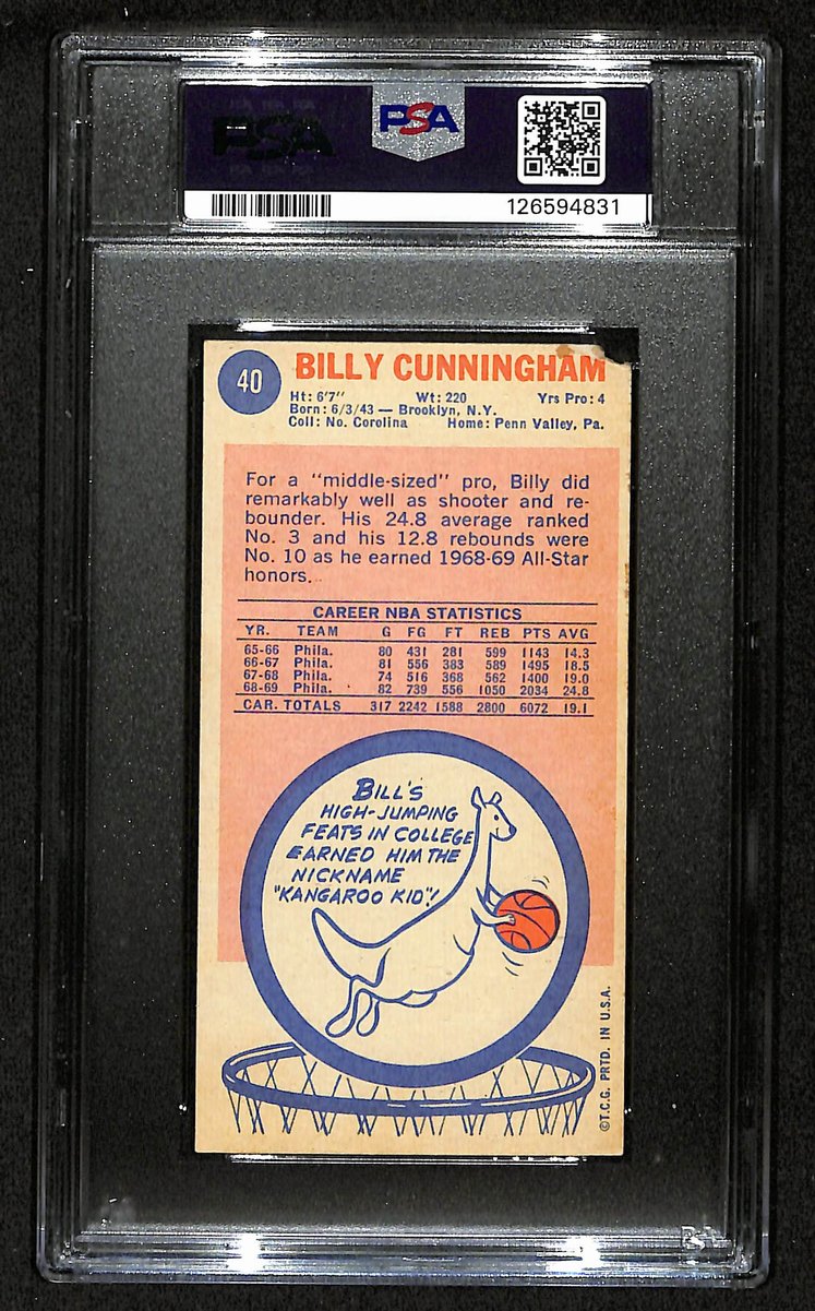 Billy Cunningham HOF 76ers Signed/Auto 1969 TOPPS RC Card #40 PSA/DNA 201101