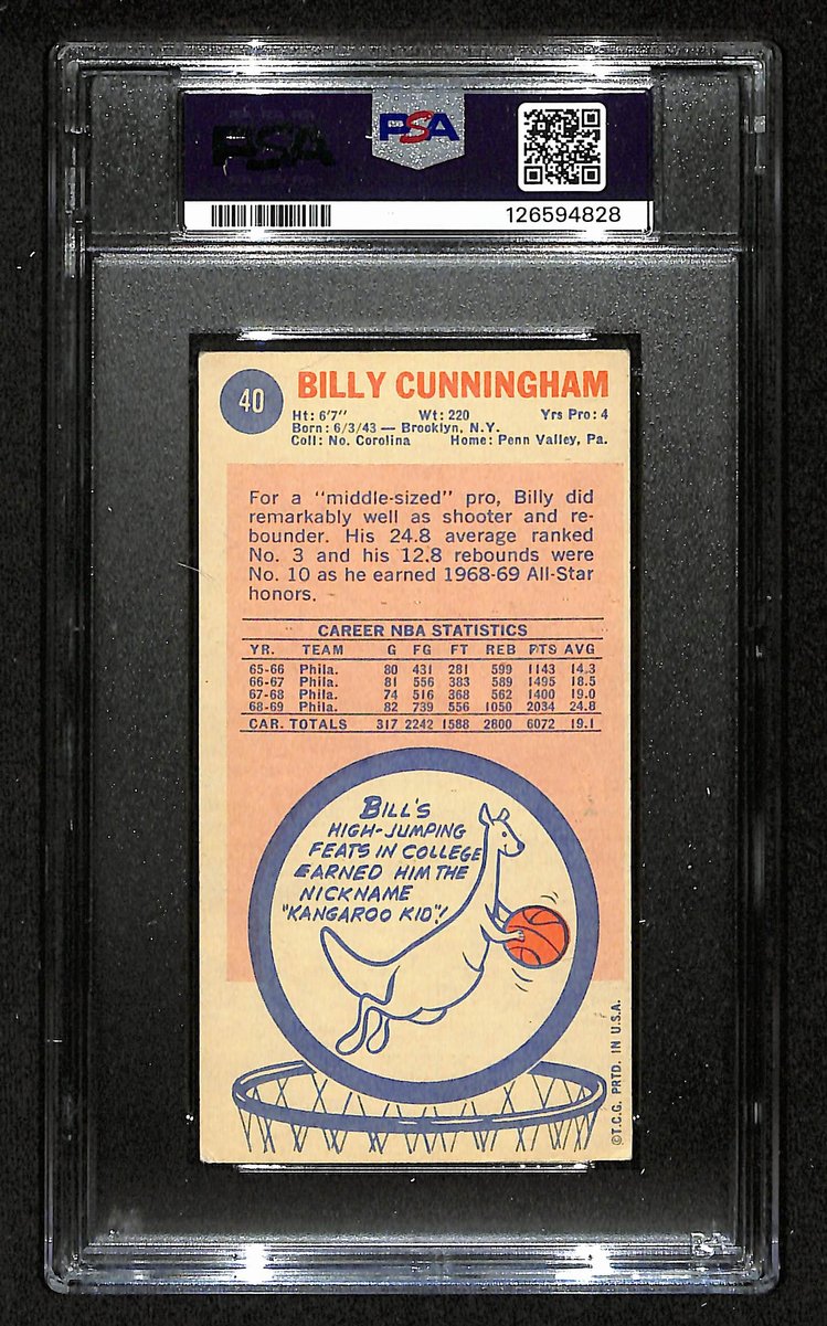 Billy Cunningham HOF 76ers Signed/Auto 1969 TOPPS RC Card #40 PSA/DNA 201103