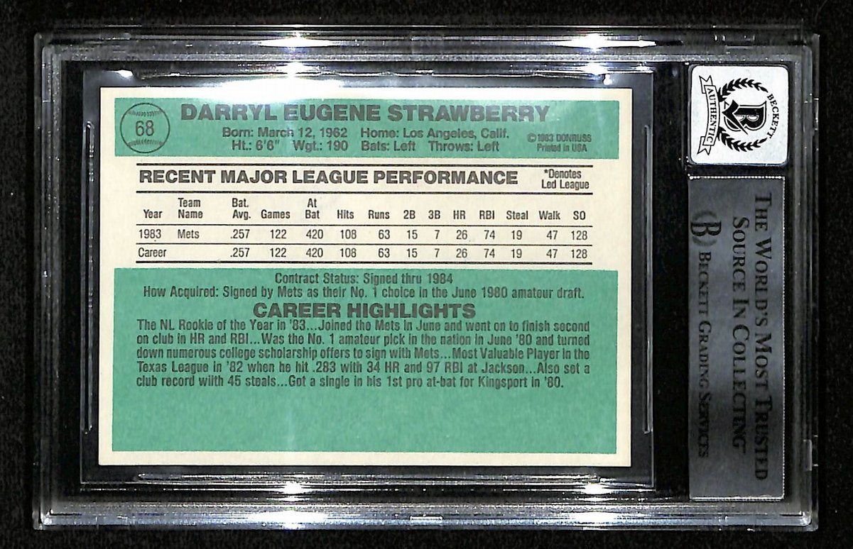 Darryl Strawberry Signed 1984 Donruss RC Card #68 Mets Beckett GEM MINT 10