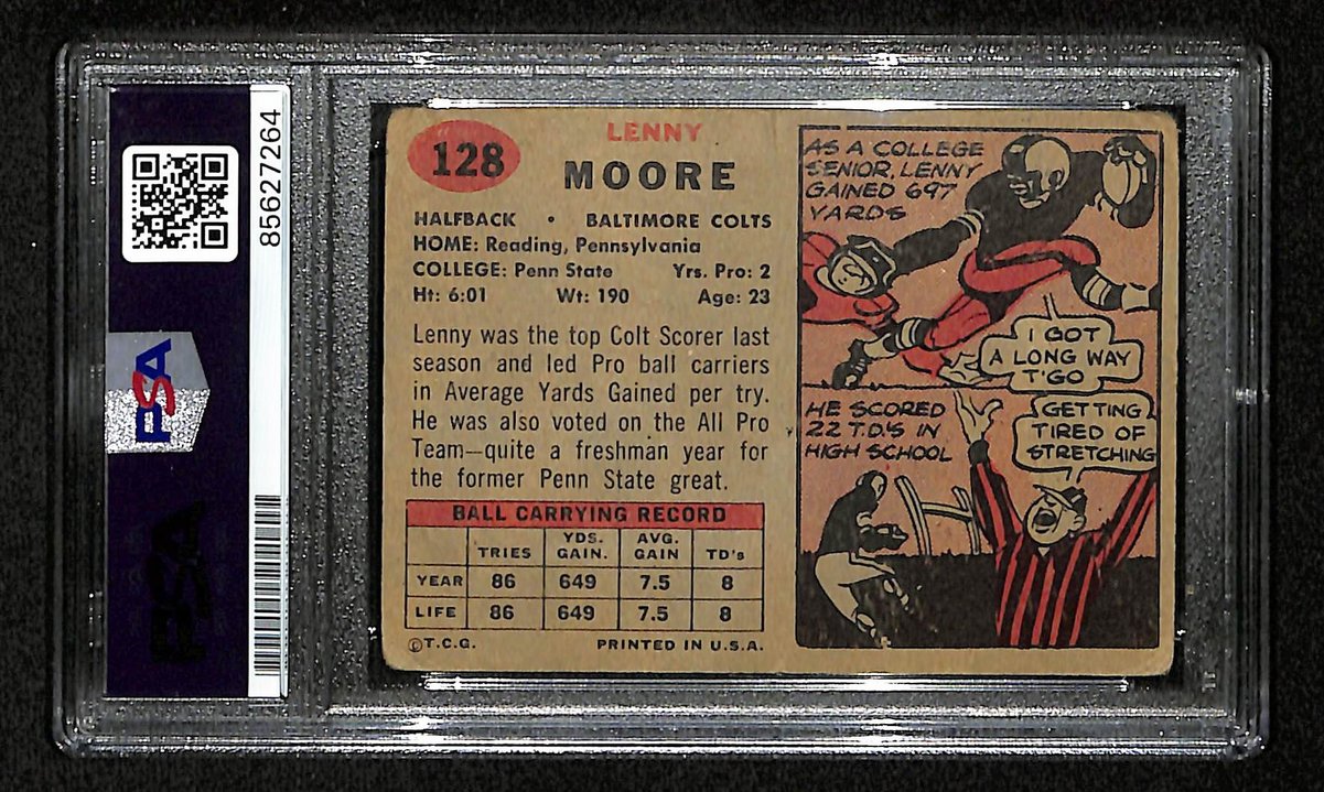 Lenny Moore HOF Signed/Inscr 1957 TOPPS Card #128 Balt Colts PSA/DNA 201503