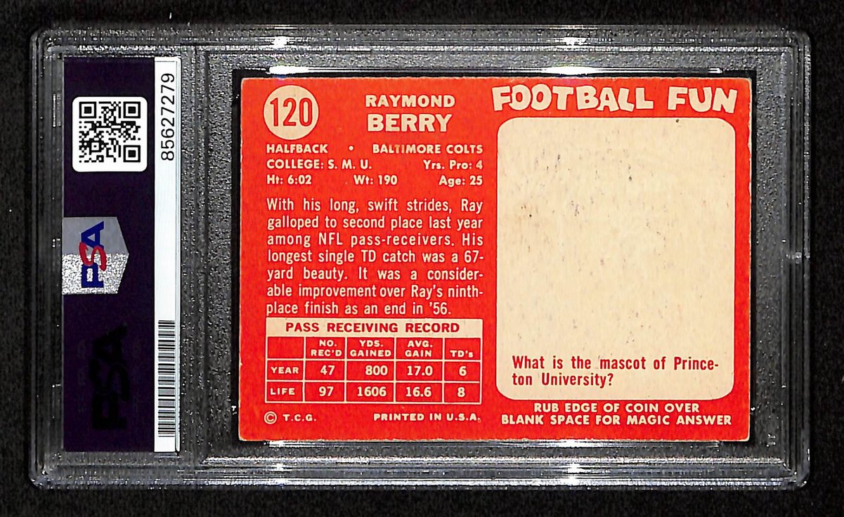 Raymond Berry HOF Signed/Inscr 1958 TOPPS Card #120 Balt Colts PSA/DNA 201511