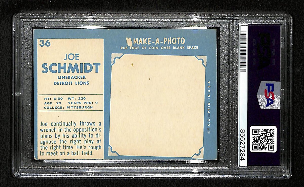 Joe Schmidt Signed/Auto 1961 TOPPS Card #36 Detroit Lions PSA/DNA 201524