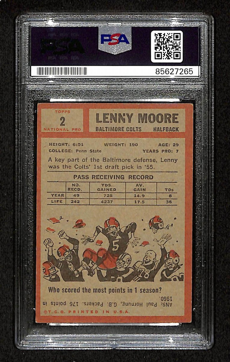 Lenny Moore HOF Signed/Auto 1962 TOPPS Card #2 Baltimore Colts PSA/DNA 201539