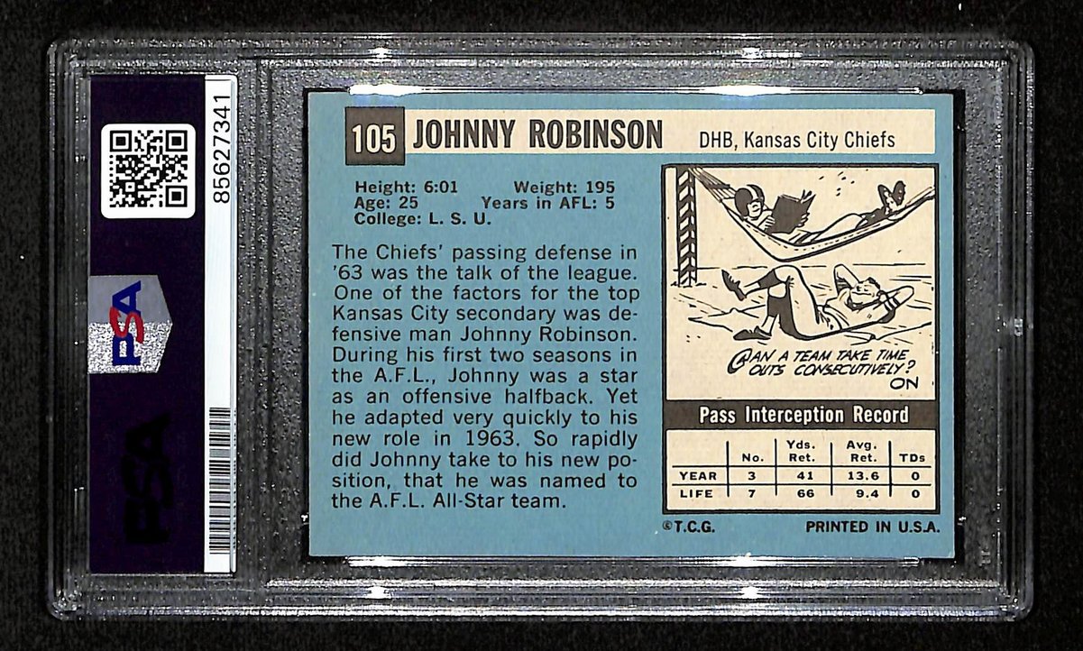 Johnny Robinson Signed 1964 TOPPS Card #105 Kansas City Chiefs PSA/DNA 201549