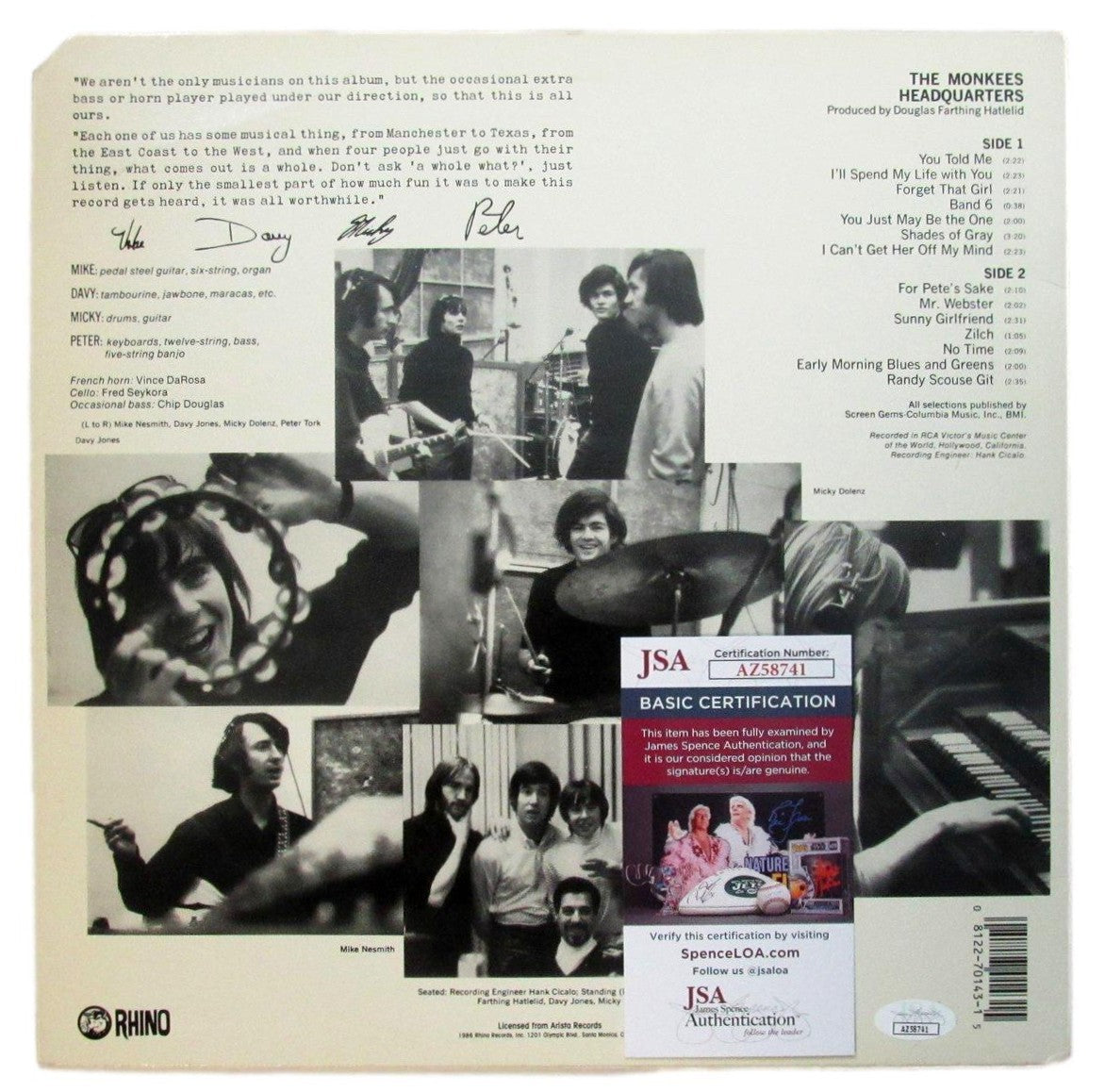 Mickey Dolenz Signed/Auto The Monkees Headquarters Album LP Vinyl JSA 201219