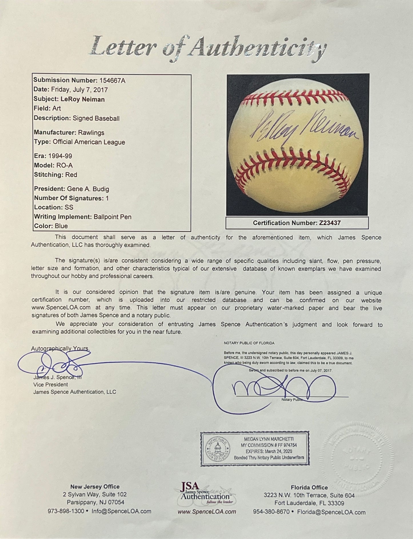 LeRoy Neiman Signed/Autographed OAL Baseball Artist JSA 201216