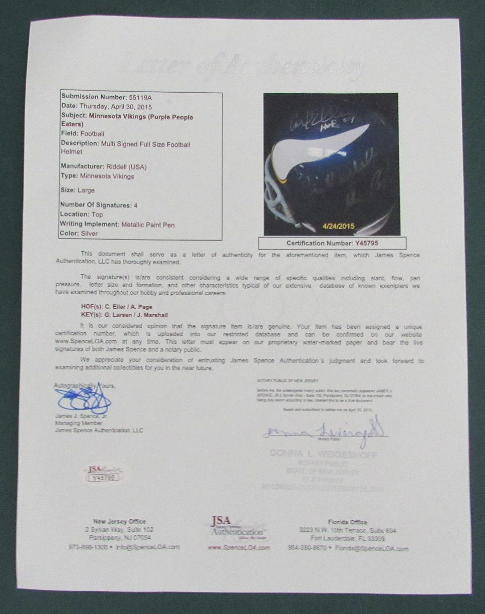 Eller/Page/Marshall/Larsen Signed/Auto Full Size Replica Helmet Vikings JSA