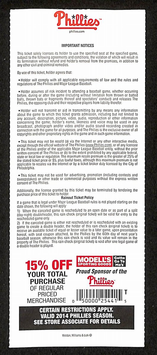 June 13, 2014 Full Ticket Phillies vs. Chicago Cubs Rollins Ties Schmidt 201865