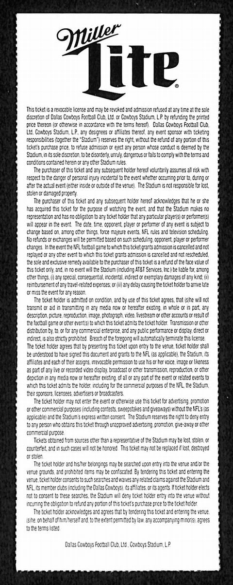 November 19, 2017 Full Ticket Philadelphia Eagles vs. Dallas Cowboys 201868