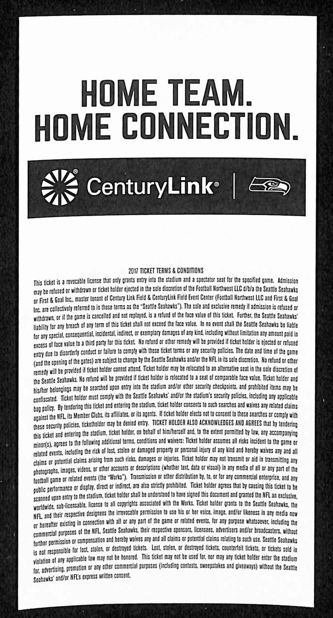 December 3, 2017 Full Ticket Philadelphia Eagles vs. Seattle Seahawks 201874