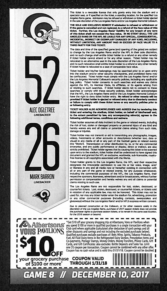 December 10, 2017 Full Ticket Rams vs. Eagles Foles Replaces Wentz 201875