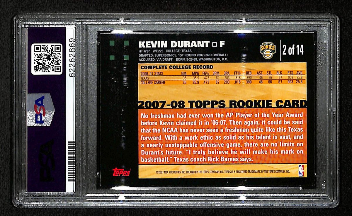 2007 TOPPS Rookies Kevin Durant Card #2 Seattle Supersonics PSA 7 NM 200989
