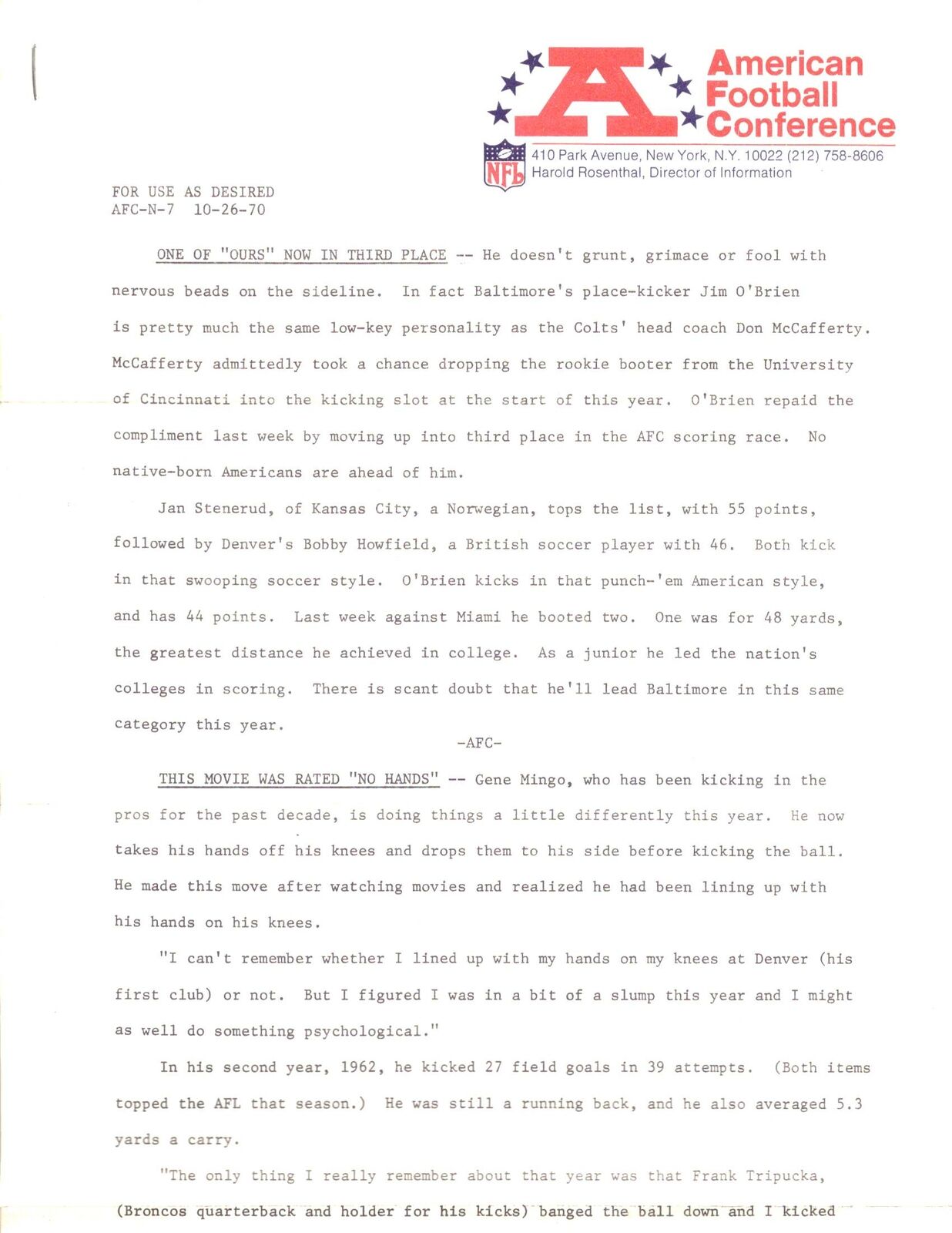 Lot of 2 - 1970 AFC & NFL Newsletters with Envelopes 151573