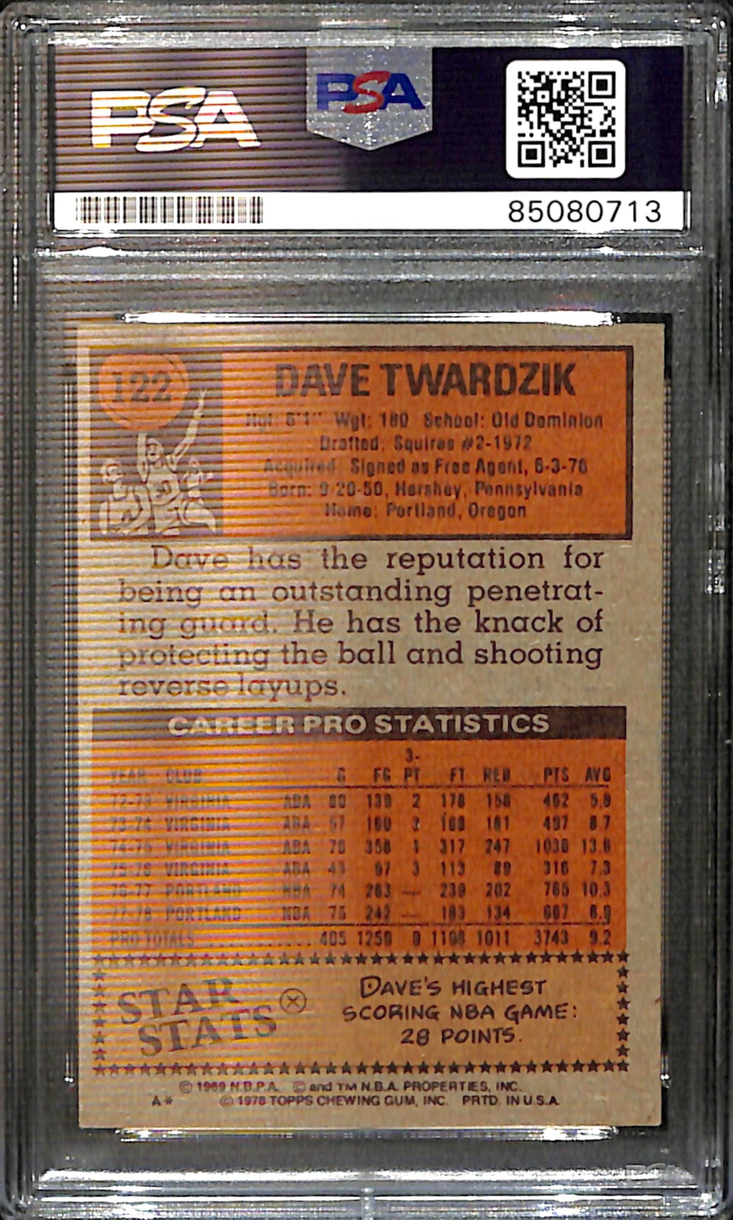 Dave Twardzik Signed/Auto 1978 Topps Card #122 Trailblazers PSA/DNA 185406