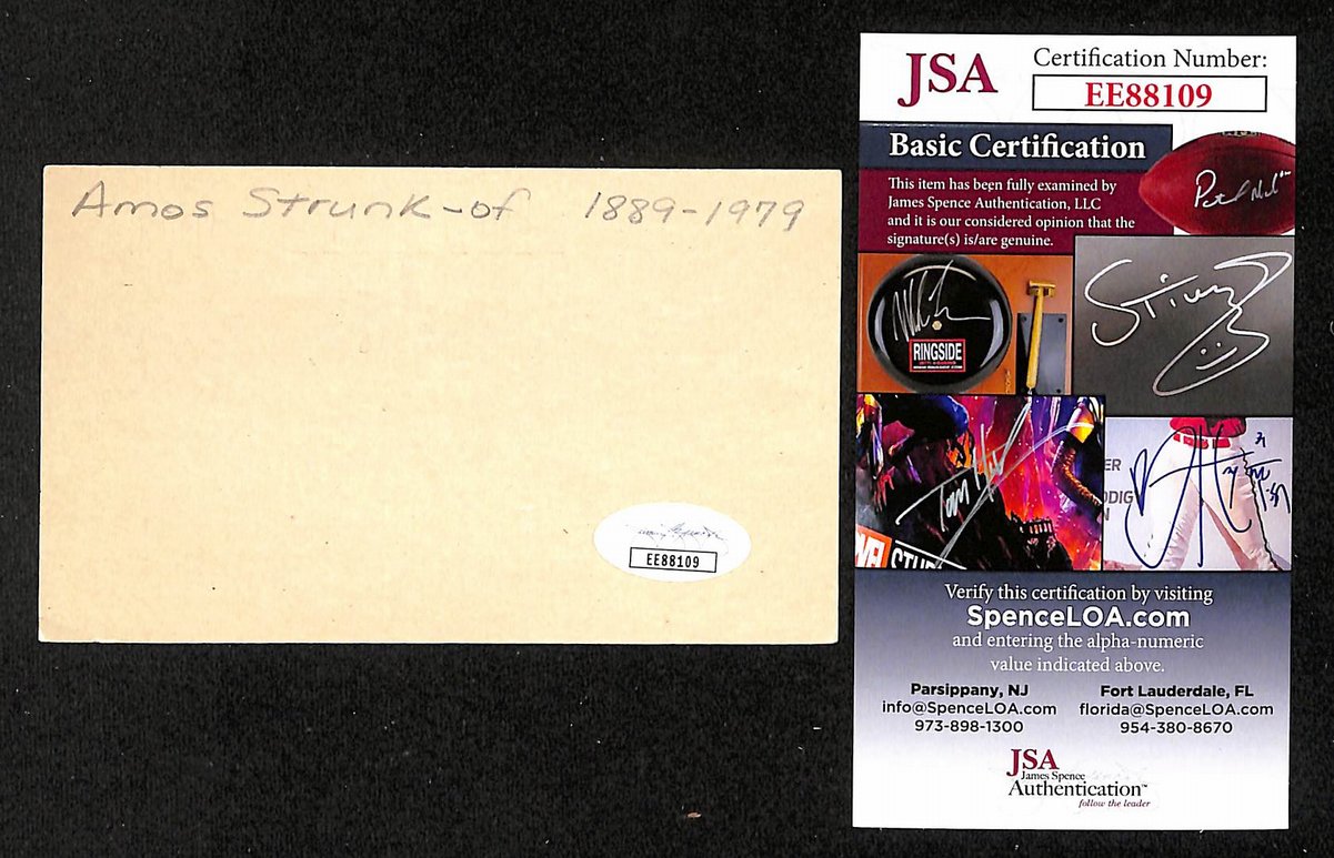 Amos A. Strunk Signed/Auto 3x5 Index Card Philadelphia Athletics JSA 201715