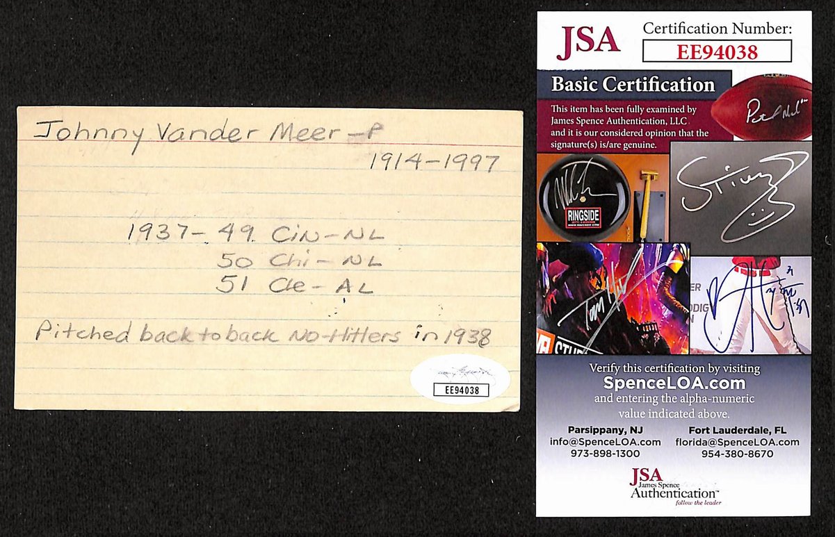Johnny Vander Meer Signed/Auto 3x5 Index Card Cincinnati Reds JSA 201717