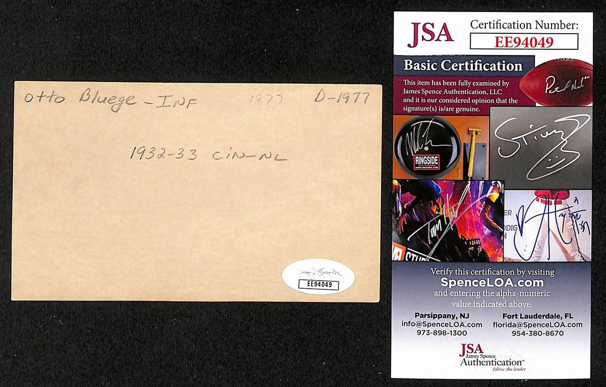 Otto Bluege Signed/Autographed 3x5 Index Card Cincinnati Reds JSA 201726