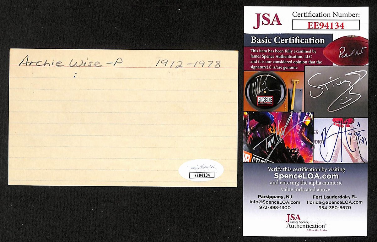 Archie Wise Signed/Autographed 3x5 Index Card Chicago White Sox JSA 201731