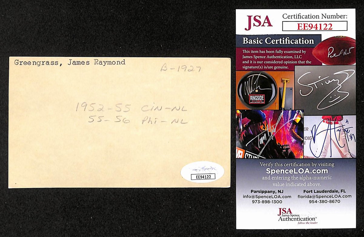 Jim Greengrass Signed/Inscribed 3x5 Index Card Cincinnati Reds JSA 201732