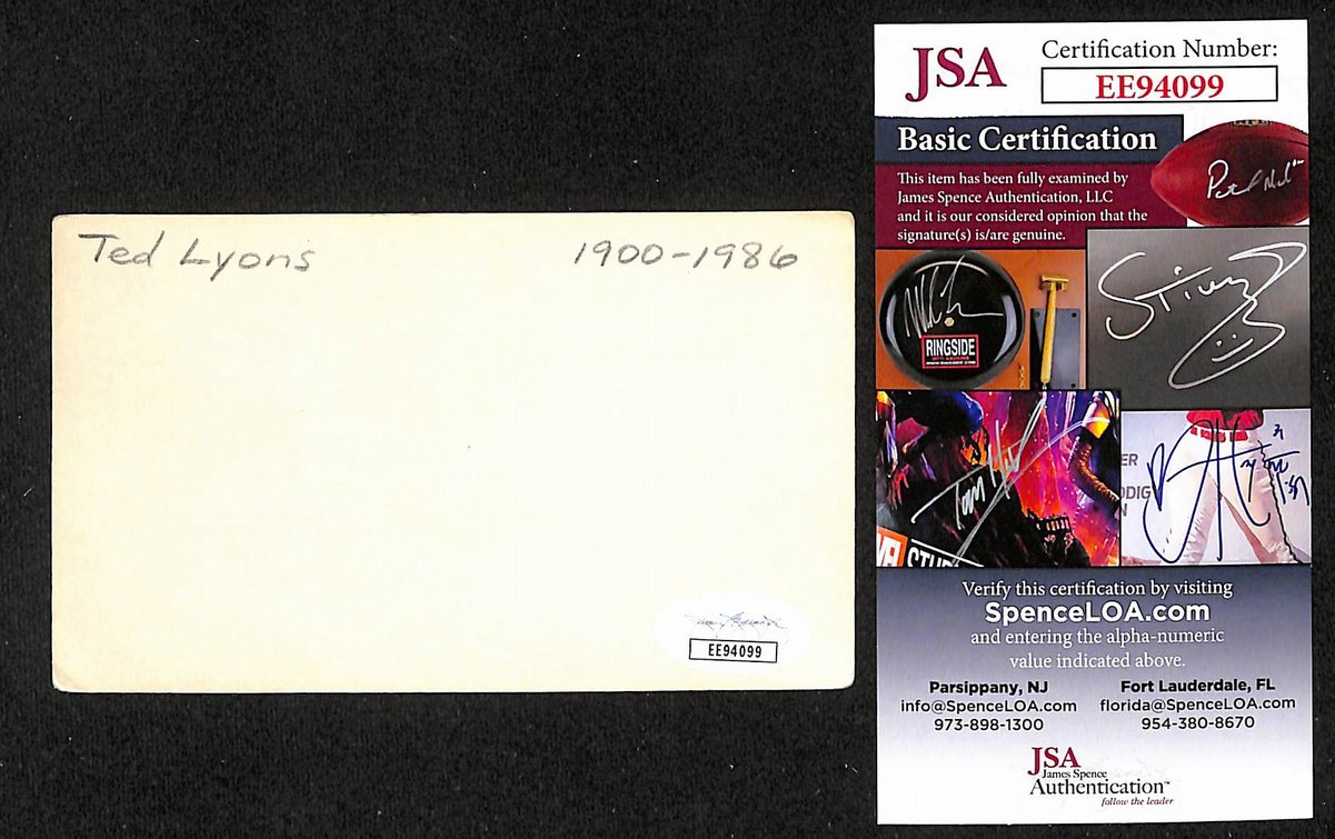 Ted Lyons HOF Signed/Autographed 3x5 Index Card Chicago White Sox JSA 201739