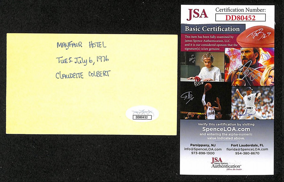 Claudette Colbert Signed/Inscribed 3x5 Index Card Actress JSA 201742